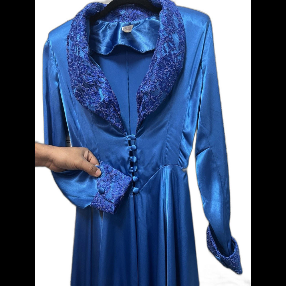 RARE Vintage Trashy Lingerie LA Blue Satin Lace Collar Robe Gown Button S Glam